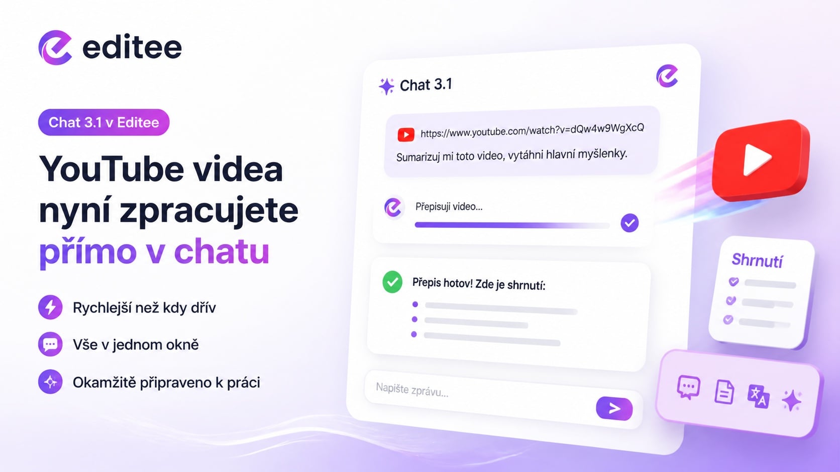 Chat 3.1 v Editee: YouTube videa nyní zpracujete přímo v chatu
