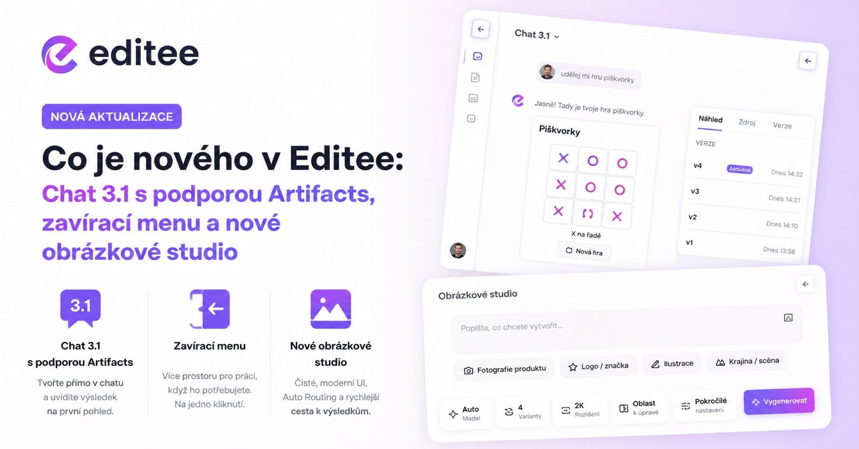 Co je nového v Editee: Chat 3.1 s podporou Artifacts, zavírací menu a nové obrázkové studio