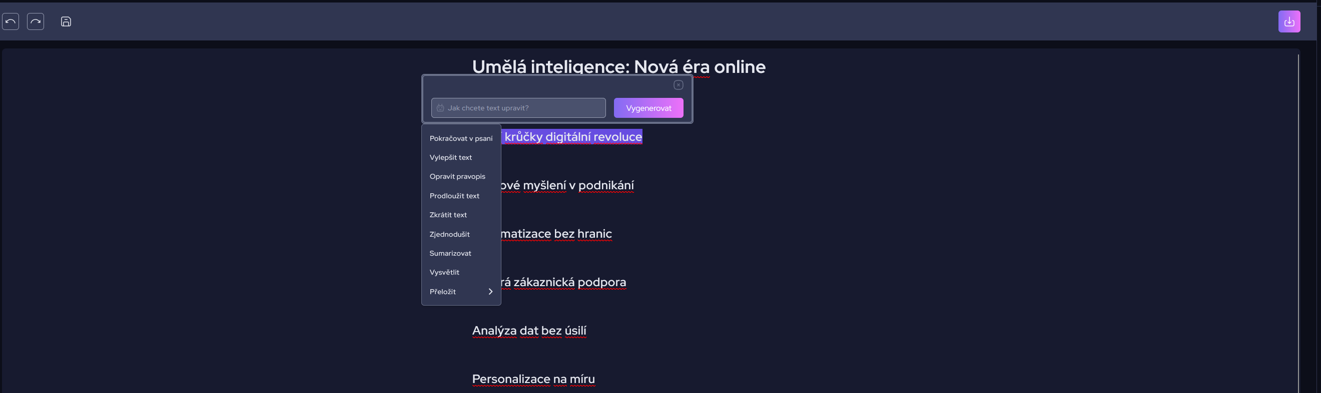 možnost práce s textem pomocí umělé inteligence AI