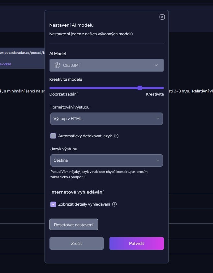 možnost vypnout zdroje u vyhledávání na internetu u AI Chatu