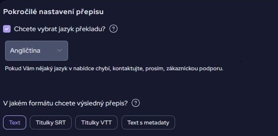pokročilé nastavení přepisu audio / video na text