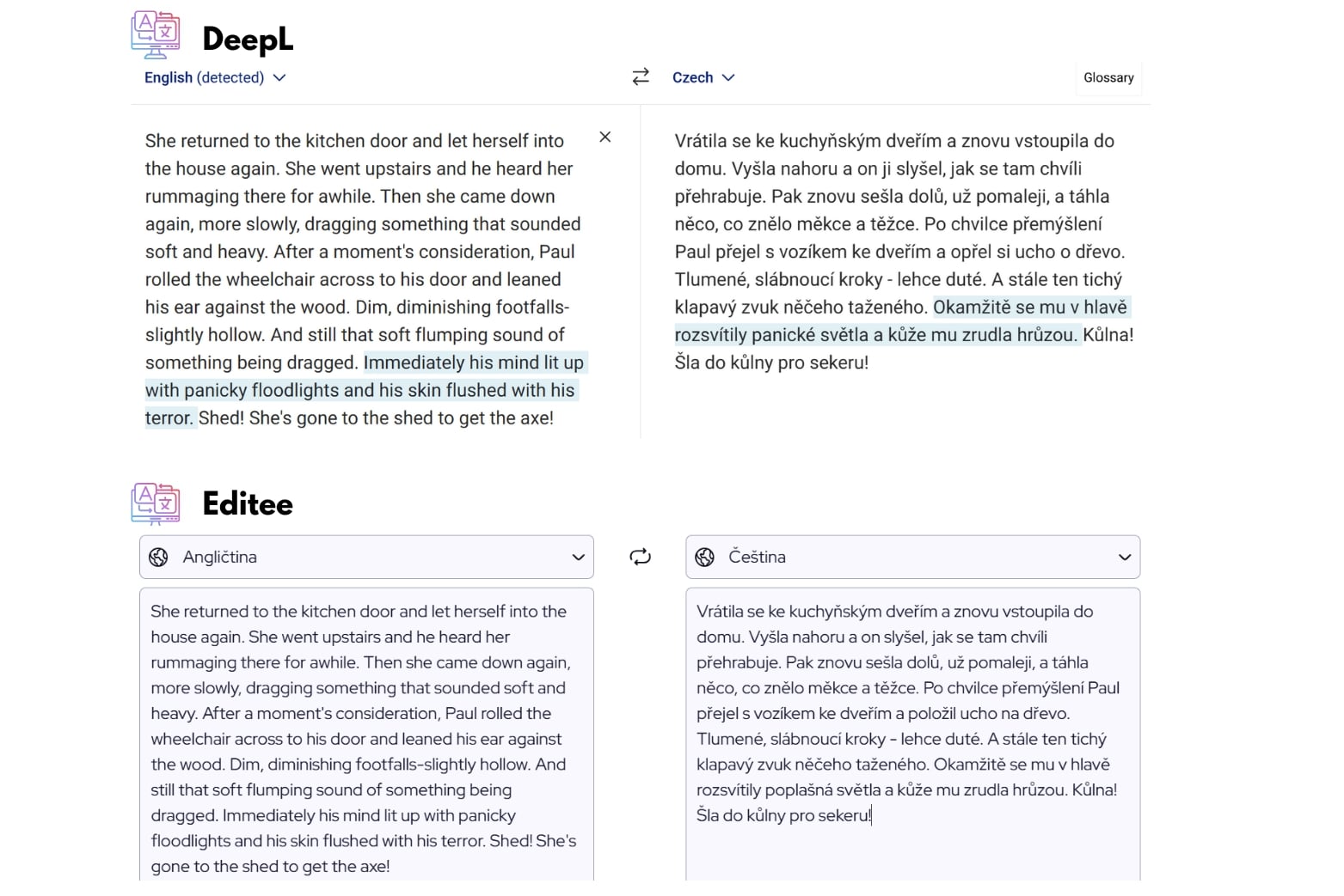 srovnání překlad DeepL a Editee
