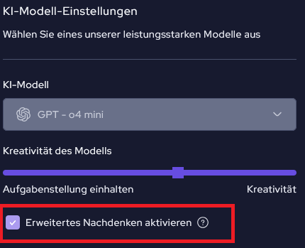 AI Thinking/Reasoning Modus Einstellungen des AI Modells